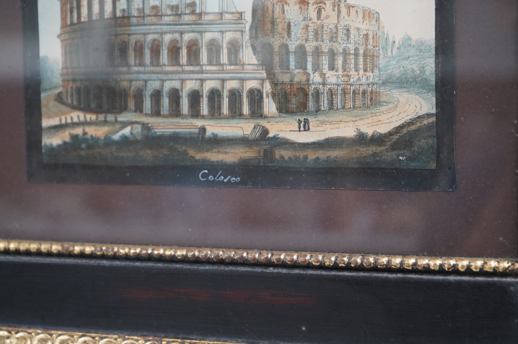 A set of five 18th / 19th century hand coloured engravings, Views of Rome, to include ‘Ponte S. Angelo’ and ‘Coloseo’, 15 x 18.5cm, each housed in ebonised gilt frames